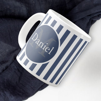 Masculine Blue Striped Personalised Monogrammed Large Coffee Mug
