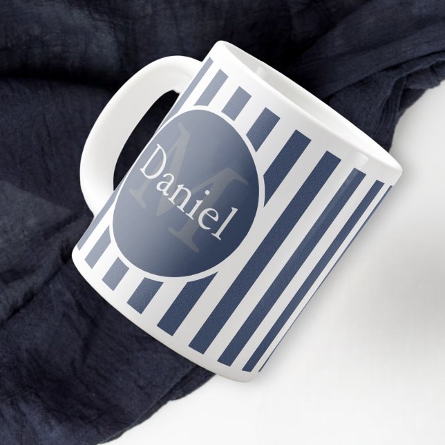 Masculine Blue Striped Personalised Monogrammed Large Coffee Mug (Creator Uploaded)