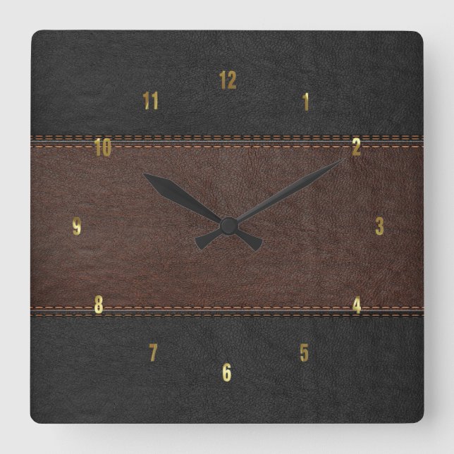 Masculine Brown & Black Stitched Leather Texture Square Wall Clock (Front)