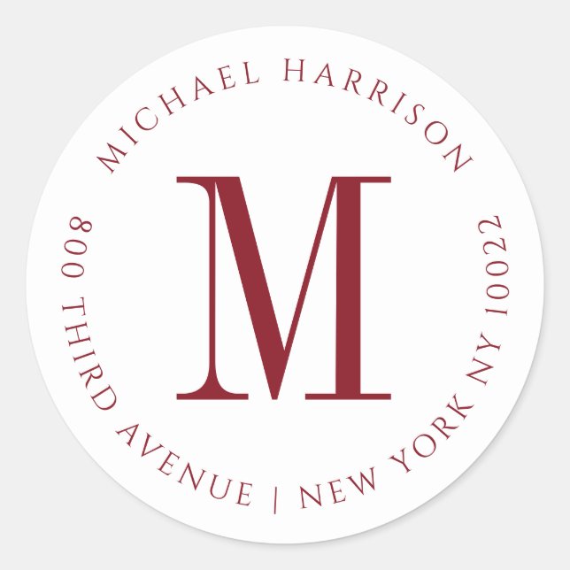 Masculine Burgundy Red Monogram Classic  Classic Round Sticker (Front)