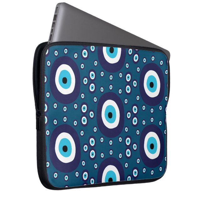 Masculine Dark Blue Nazar Evil Eye Pattern Laptop Sleeve (Front Right)