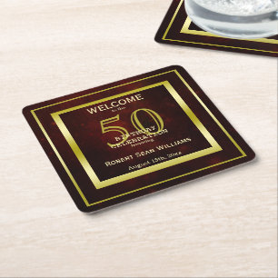 Masculine Double Gold Frame 50th Birthday Square Paper Coaster