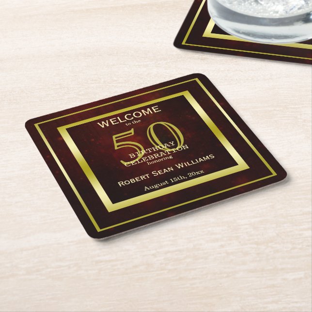 Masculine Double Gold Frame 50th Birthday Square Paper Coaster (Angled)