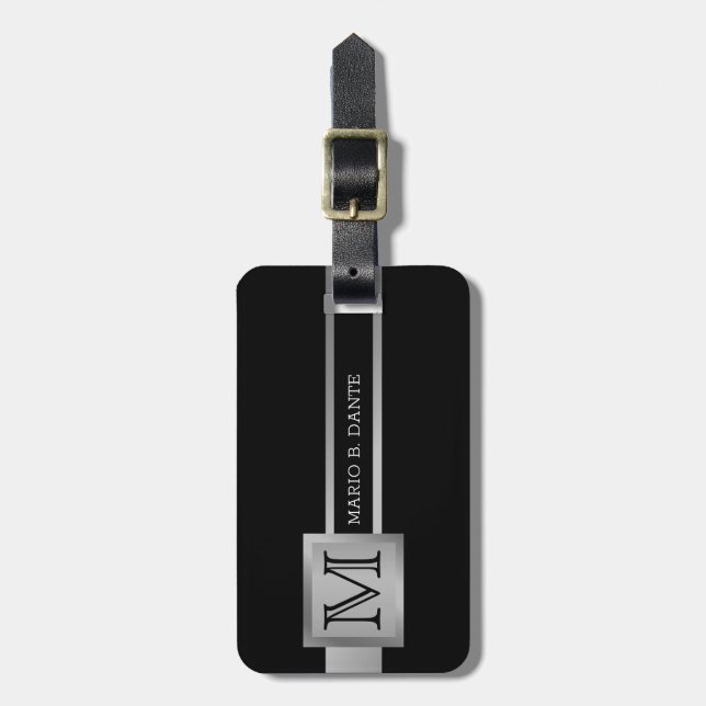 Masculine Executive Black & Silver Metal monogram Luggage Tag (Front Vertical)