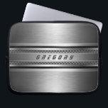 Masculine Faux Silver grey Stripes Design Laptop Sleeve<br><div class="desc">Elegant metallic faux silver grey look shiny metallic design with black stripes and metal mash accents. Custom oversized monogram is always optional. Cool masculine design, makes grant fathers day gift. Like all designs on zazzle this is not a metal but image that looks like metal. If you need any help...</div>