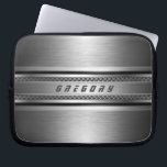 Masculine Faux Silver grey Stripes Design Laptop Sleeve<br><div class="desc">Elegant metallic faux silver grey look shiny metallic design with black stripes and metal mash accents. Custom oversized monogram is always optional. Cool masculine design, makes grant fathers day gift. Like all designs on zazzle this is not a metal but image that looks like metal. If you need any help...</div>