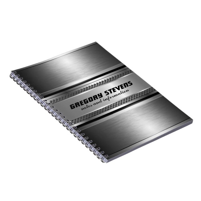 Masculine Faux Silver Stripes Design Monogramed Spiral Notebook (Right Side)