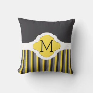 Masculine Grey & Yellow Stripes Pattern Monogram Cushion