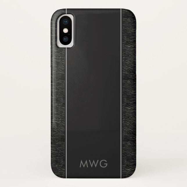 Masculine Minimalist Black Leather Monogrammed Case-Mate iPhone Case (Back)