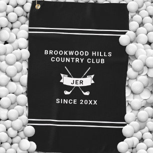 Masculine Modern Monogram Black White Golfer Clubs Golf Towel