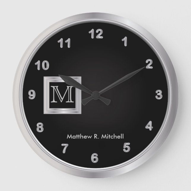 Masculine Monogram Black and Silver Executive Large Clock (Front)