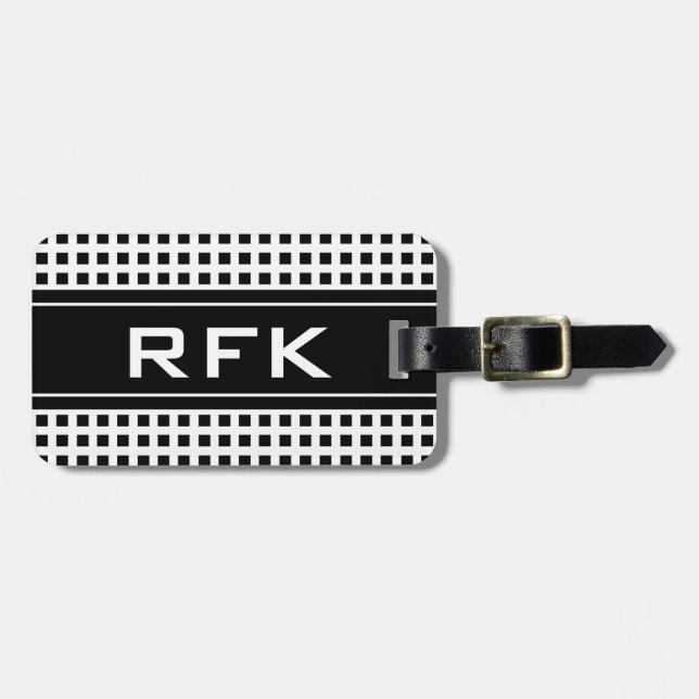 Masculine monogram travel luggage tag with squares (Front Horizontal)