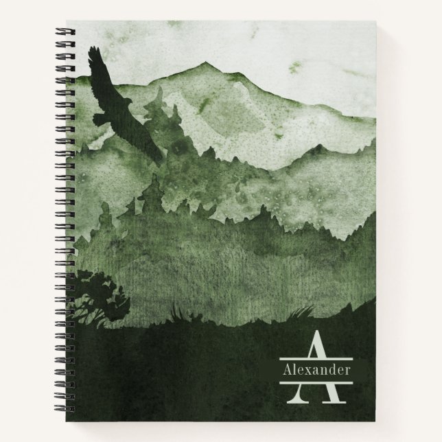 Masculine Mountains Forest Green Monogram Name Notebook (Front)