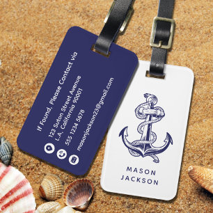 Masculine Navy Blue Anchor White Typography Luggage Tag