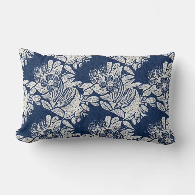 Masculine Navy Blue Effect Indigo Floral all Over  Lumbar Cushion (Front)