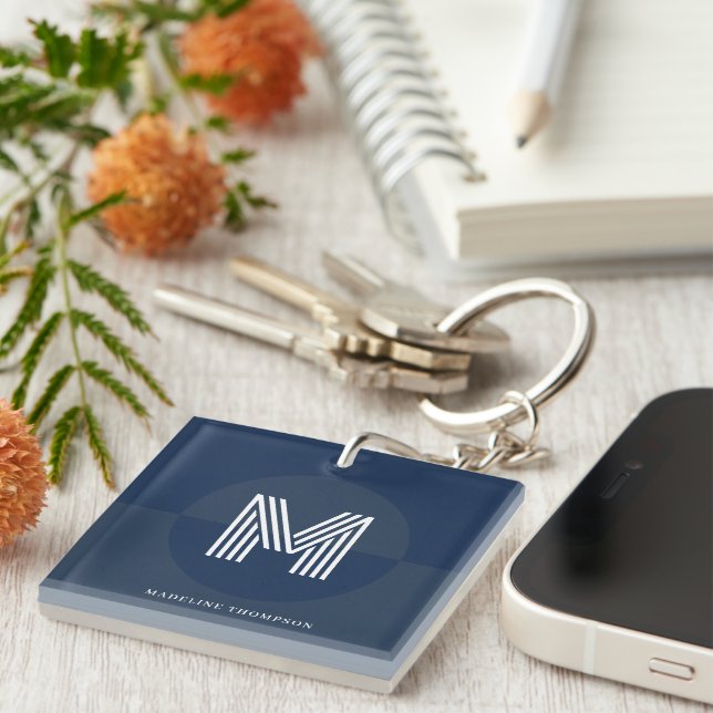 Masculine Navy Blue Geometric Modern Monogram Key Ring (Front Right)