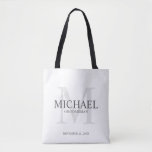 Masculine Personalised Groomsmen Tote Bag<br><div class="desc">Add a personal touch to your wedding with personalised groomsmen tote bag. This bag features personalised groomsman's name with title and wedding date in grey and monogram in light grey as background, in classic serif font style, on white background. Also perfect for best man, father of the bride, ring bearer...</div>