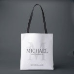 Masculine Personalised Groomsmen Tote Bag<br><div class="desc">Add a personal touch to your wedding with personalised groomsmen tote bag. This bag features personalised groomsman's name with title and wedding date in grey and monogram in light grey as background, in classic serif font style, on white background. Also perfect for best man, father of the bride, ring bearer...</div>