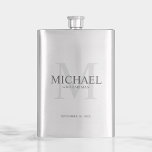 Masculine Personalised Monogram and Name Groomsmen Hip Flask<br><div class="desc">Add a personal touch to your wedding with personalised groomsmen flask.
This flask features personalised groomsman's name with title in grey and monogram in light grey as background,  in classic serif font style.

Also perfect for best man,  father of the bride and more.</div>