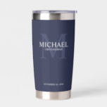 Masculine Personalised Monogram and Name Groomsmen Insulated Tumbler<br><div class="desc">Add a personal touch to your wedding with personalised groomsmen gift. This design features personalised groomsman's name with title in white and monogram in light navy blue as background, in classic serif font style on navy blue background. Also perfect for best man, father of the bride, ring bearer and more....</div>