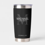 Masculine Personalised Monogram and Name Groomsmen Insulated Tumbler<br><div class="desc">Add a personal touch to your wedding with personalised groomsmen gift.
This design features personalised groomsman's name with title in white and monogram in light grey as background,  in classic serif font style on black background.

Also perfect for best man,  father of the bride,  ring bearer and more.</div>