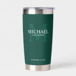 Masculine Personalised Monogram and Name Groomsmen Insulated Tumbler<br><div class="desc">Add a personal touch to your wedding with personalised groomsmen gift. This design features personalised groomsman's name with title in white and monogram in light emerald green as background, in classic serif font style on emerald green background. Also perfect for best man, father of the bride, ring bearer and more....</div>