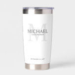 Masculine Personalised Monogram and Name Groomsmen Insulated Tumbler<br><div class="desc">Add a personal touch to your wedding with personalised groomsmen gift.
This design features personalised groomsman's name with title in grey and monogram in light grey as background,  in classic serif font style on white background.

Also perfect for best man,  father of the bride,  ring bearer and more.</div>
