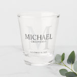 Masculine Personalised Monogram and Name Groomsmen Shot Glass<br><div class="desc">Add a personal touch to your wedding with personalised groomsmen shot glass.
This shot glass features personalised groomsman's name with title in grey and monogram in light grey as background,  in classic serif font style.

Also perfect for best man,  father of the bride,  ring bearer and more.</div>
