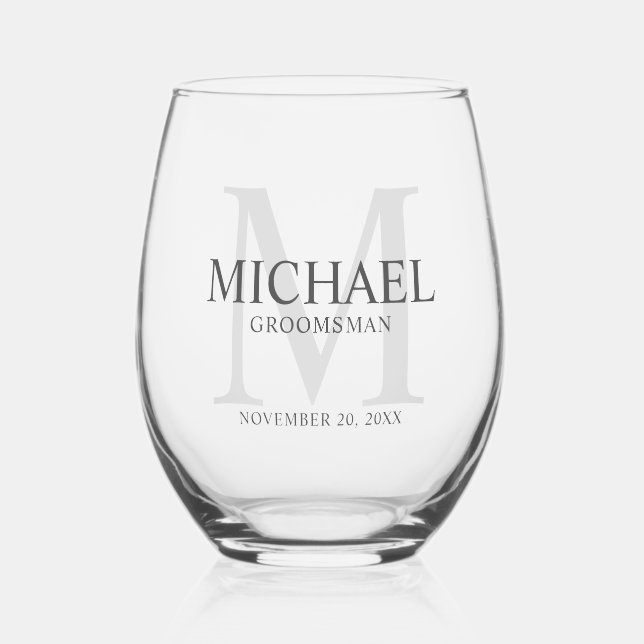 Masculine Personalised Monogram and Name Groomsmen Stemless Wine Glass (Front)
