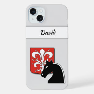 Masculine Red and Black Knight and Shield iPhone 15 Plus Case