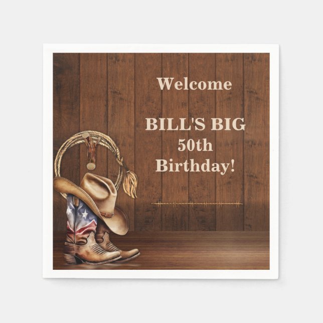 Masculine Rustic Cowboy Hat Boots Wood  Western Napkin (Front)