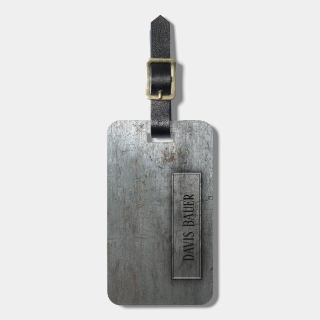 Masculine Silver Distressed Metal Monogram Luggage Tag (Front Vertical)