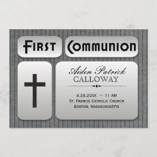 Masculine Silver Grey Pinstripes First Communion Invitation