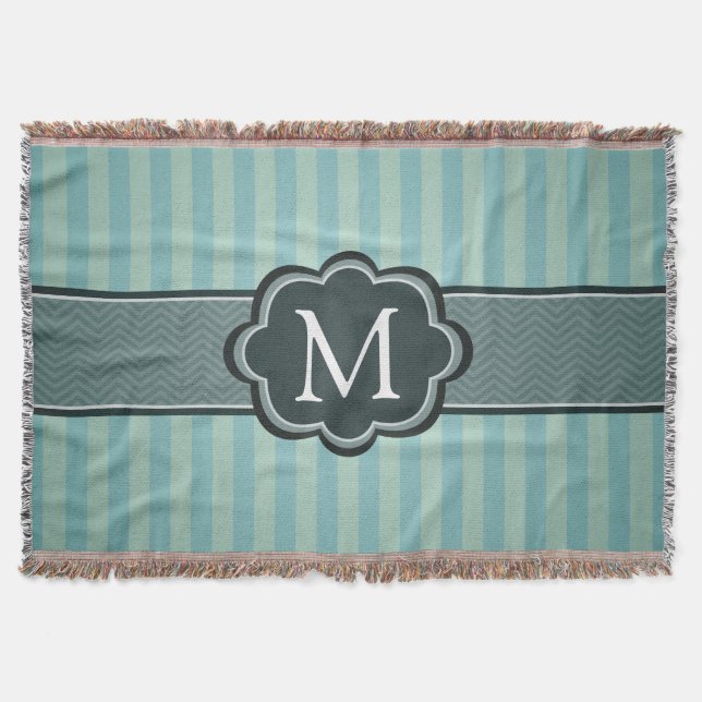 Masculine Teal Blue Stripes Custom Monogram Throw Blanket (Front)