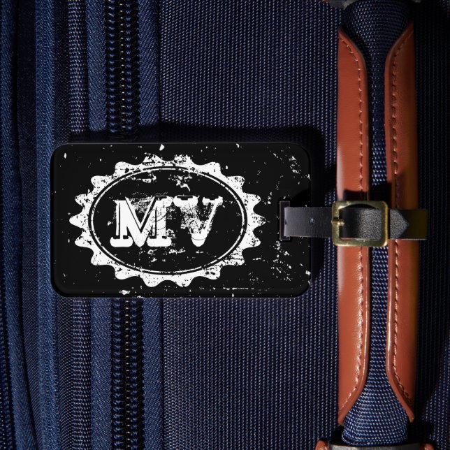 Masculine vintage monogram travel luggage tag (Front Insitu 4)