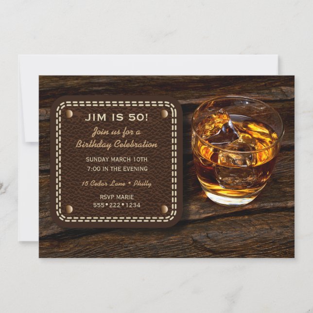 Masculine Whiskey Scotch Wood Leather Invitation (Front)