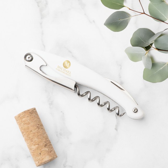 Masculine White and Gold Personalised Groomsmen Corkscrew (Creator Uploaded)