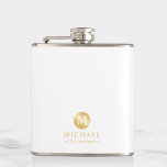 Masculine White and Gold Personalised Groomsmen Hip Flask<br><div class="desc">Add a personal touch to your wedding with personalised groomsmen flask. This flask features white monogram in gold circle element with name and title in gold professional font style on white background. Also perfect for best man, father of the bride and more. Please Note : The foil details are simulated...</div>