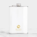 Masculine White and Gold Personalised Groomsmen Hip Flask<br><div class="desc">Add a personal touch to your wedding with personalised groomsmen flask. This flask features white monogram in gold circle element with name and title in gold professional font style on white background. Also perfect for best man, father of the bride and more. Please Note : The foil details are simulated...</div>