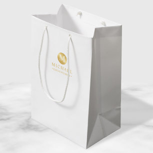 Masculine White and Gold Personalised Groomsmen Medium Gift Bag