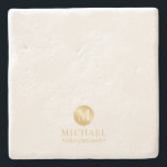 Masculine White and Gold Personalised Groomsmen Stone Coaster<br><div class="desc">Add a personal touch to your wedding with personalised groomsmen stone coaster. This coaster features monogram in gold circle element with name and title in gold professional font style. Also perfect for best man, father of the bride, ring bearer and more. Please Note : The foil details are simulated in...</div>