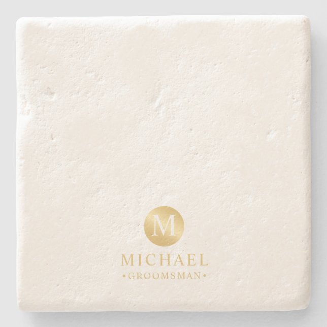 Masculine White and Gold Personalised Groomsmen Stone Coaster (Front)