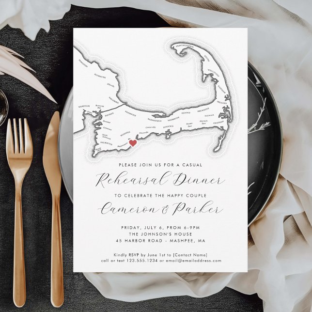 Mashpee MA Casual Wedding Rehearsal Dinner Invitation (Mashpee MA Casual Wedding Rehearsal Dinner Invitation in Black and White from Coastal Map Designs)