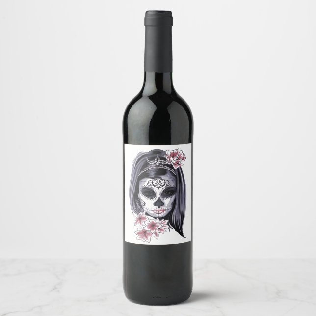 Mask Carnival Day of the Dead Floral Woman Wine Label (Front)