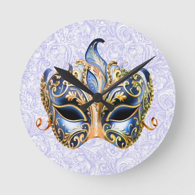  Mask Featuring Ornate Golden and Blue Patterns Round Clock (Front)