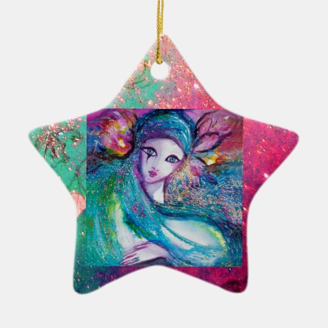 MASK IN BLUE, Star Monogram Ceramic Tree Decoration (Front)