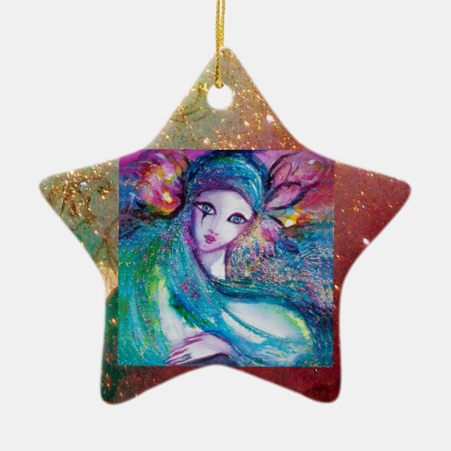 MASK IN BLUE, Yellow Star Monogram Ceramic Tree Decoration (Front)