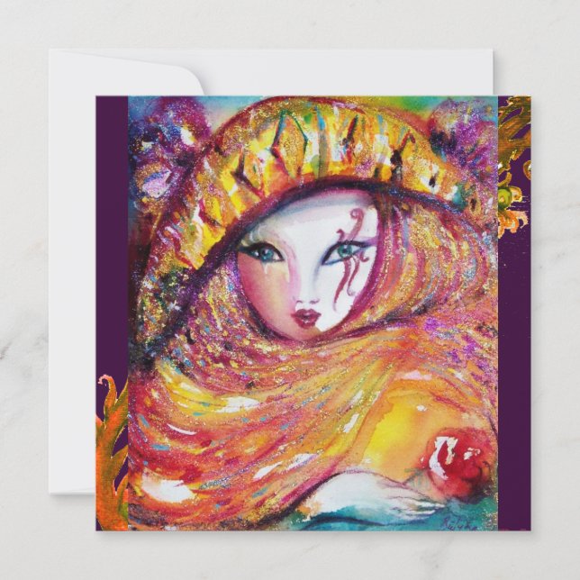 MASK IN YELLOW, MARDI GRAS PARTY purple red violet Invitation (Front)