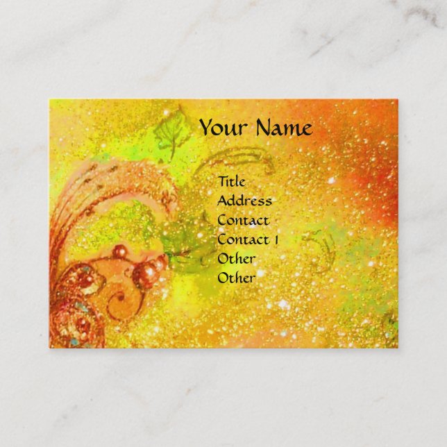 MASK IN YELLOW WITH RED ROSE IN GOLD SPARKLES BUSINESS CARD (Front)