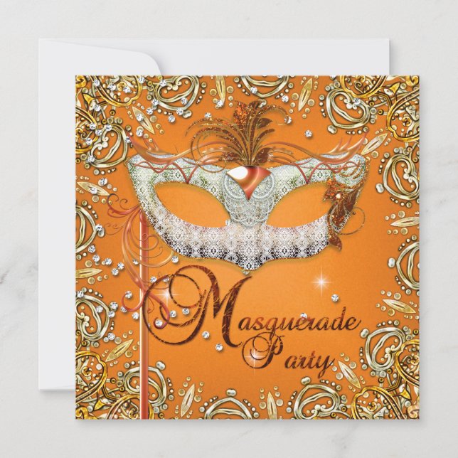 Mask Masquerade Orange Birthday Party Gold Invitation (Front)